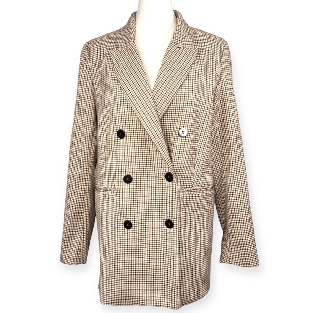 Joie Plaid Double Breasted Blazer Jacket Neutral Check Size Small